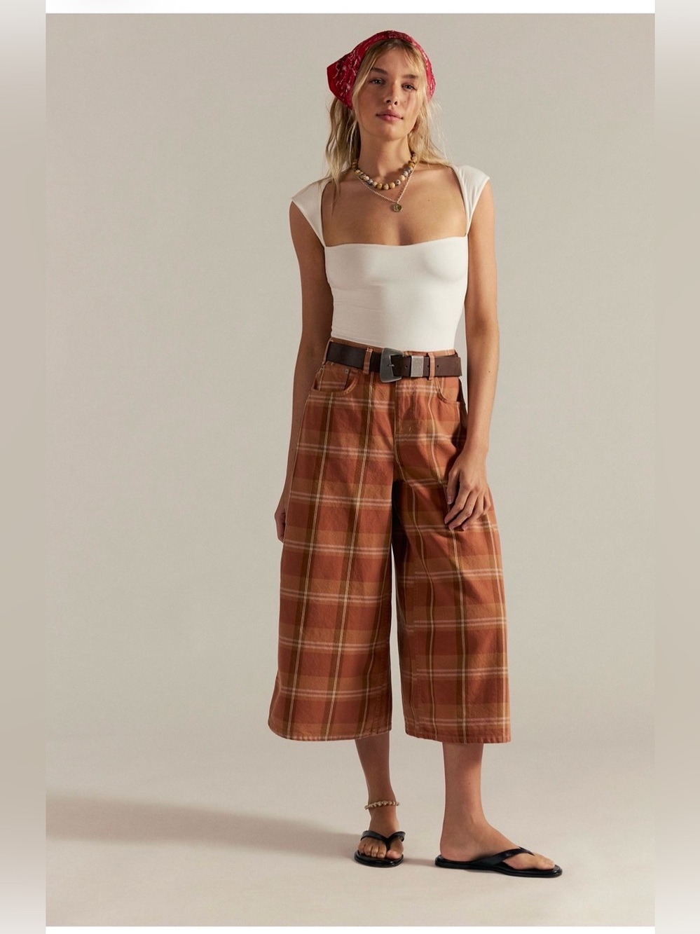 We The Free Rust Plaid Cropped Wide-Leg Jeans - Picture 4 of 6